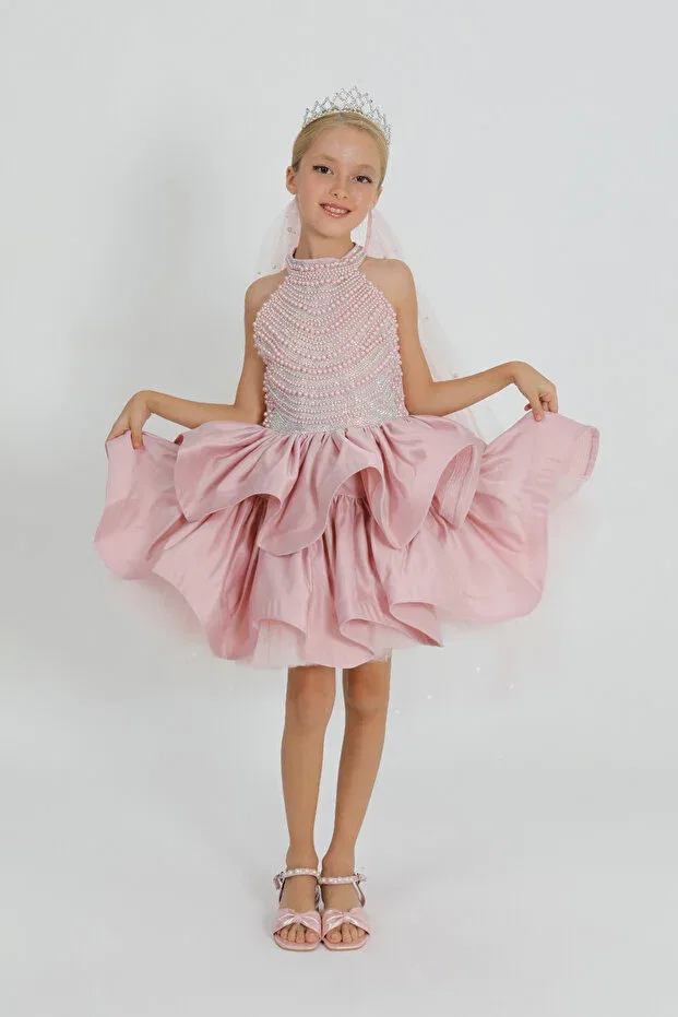 Детское платье для девочек с принтом Pearl-Embellished evening gown Star Pearl Kids, Pink