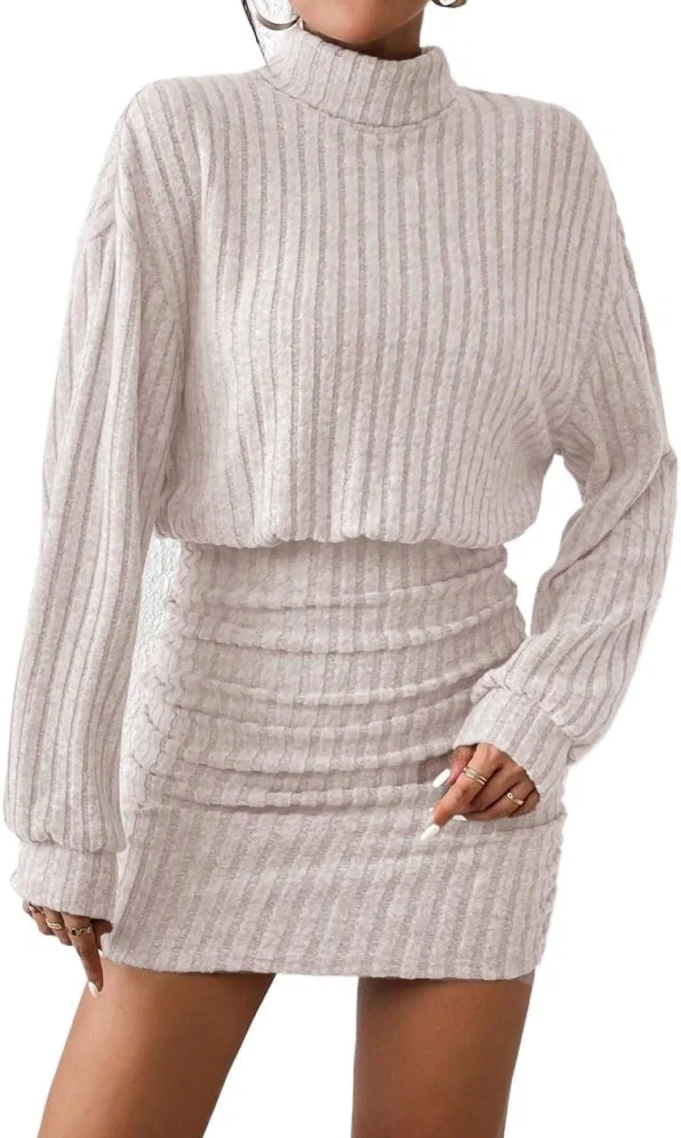 Женское облегающее мини-платье с высоким воротом Ribbed Knit, Apricot