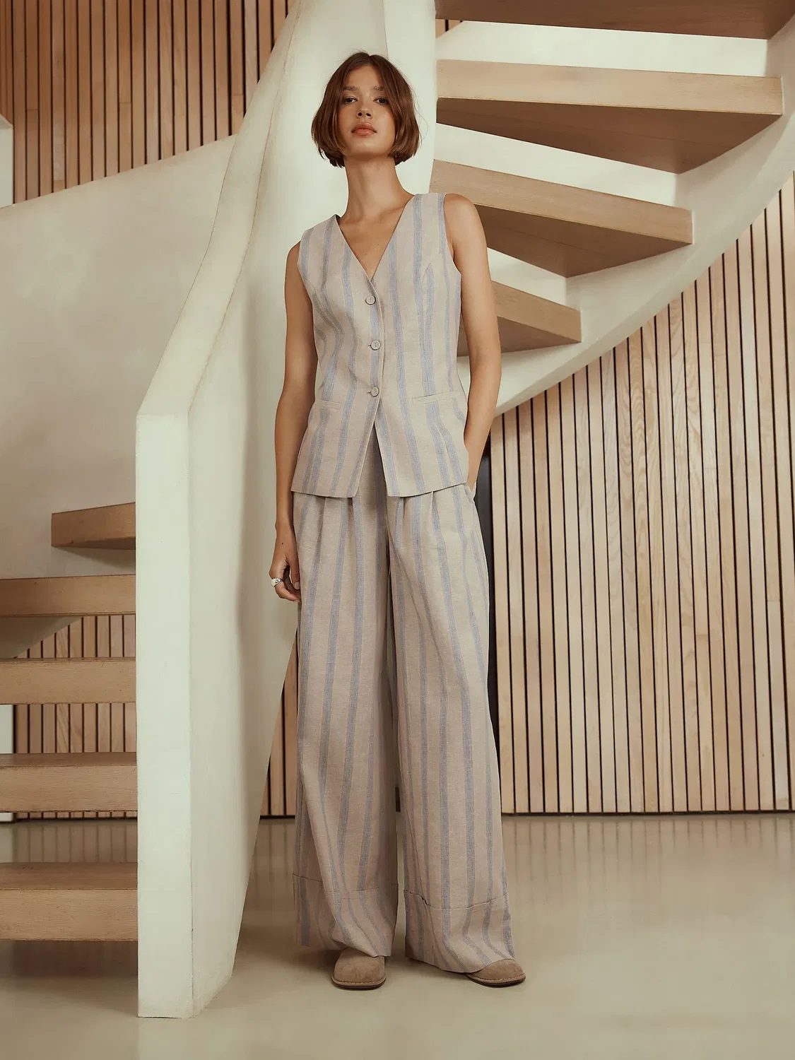Жилет Premium Linen Blend Next, сине-бежевая полоска — фото 2