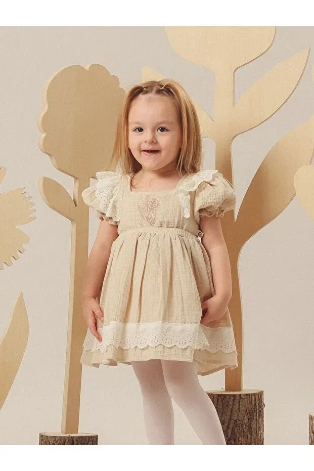 Детское платье для девочек с вышивкой Cherrys Bebek, Beige