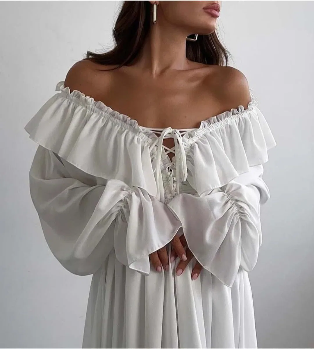 Женское платье макси с рюшами V-образным вырезом, White — фото 3