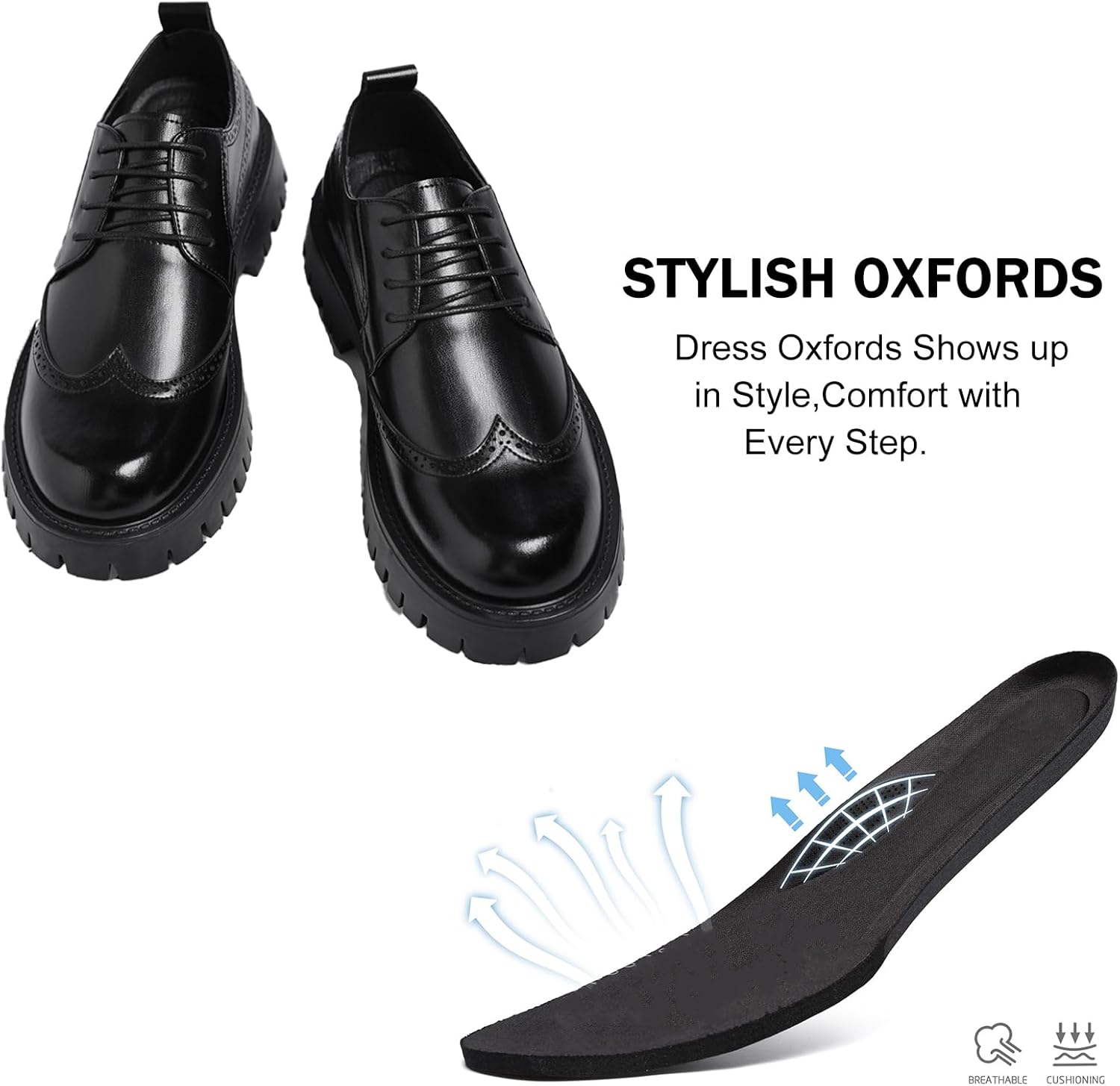 Мужские кожаные туфли на платформе Oxfords, винтажные, с круглым носком, массивной подошвой, повседневные туфли с крылышками, броги, бизнес-туфли для работы и офиса, дерби Xiaoguli, черный — фото 4