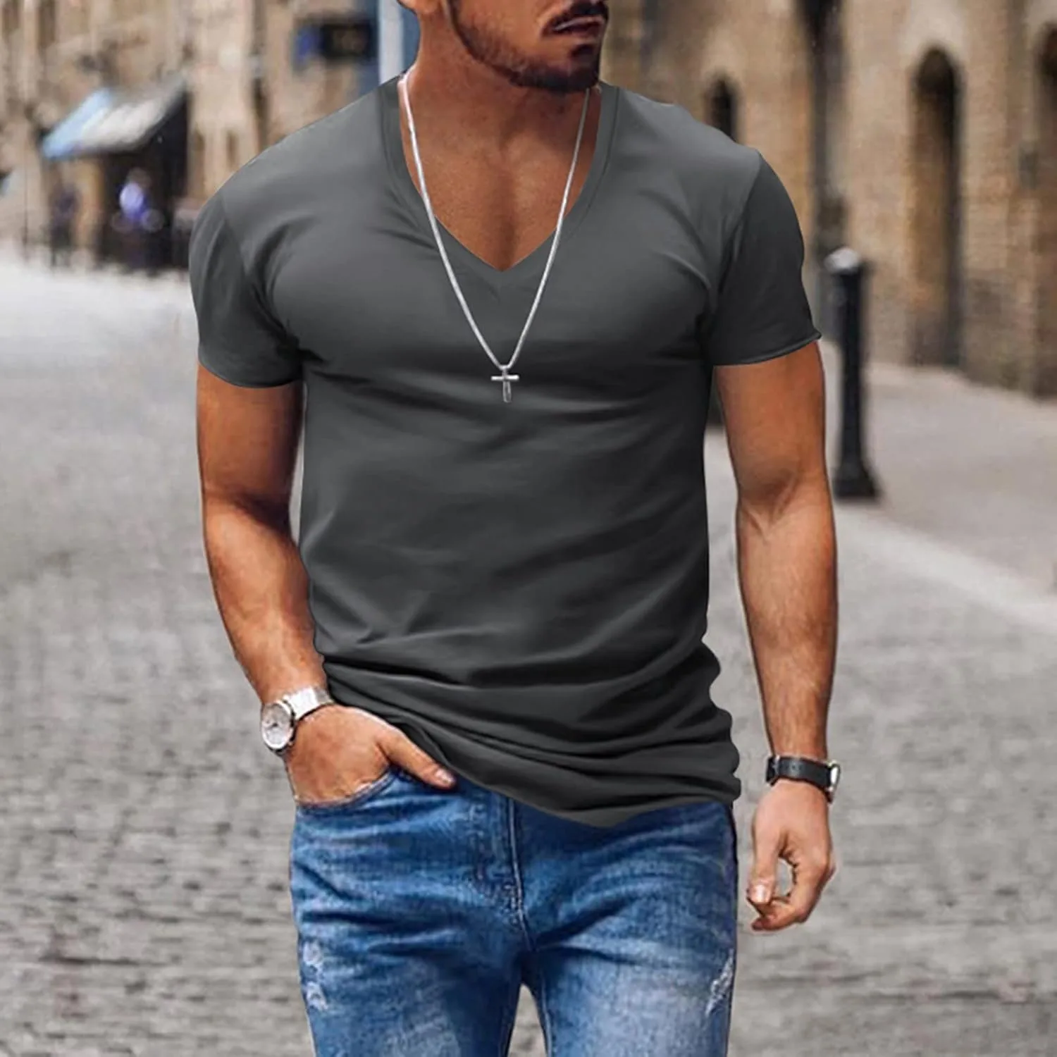 Мужская футболка с V-образным вырезом, Slim Fit, легкая — фото 3