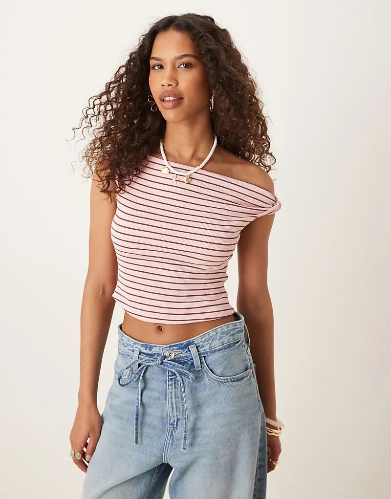 

Топ с перекрученными плечами и открытыми плечами ASOS DESIGN в розово-шоколадную полоску