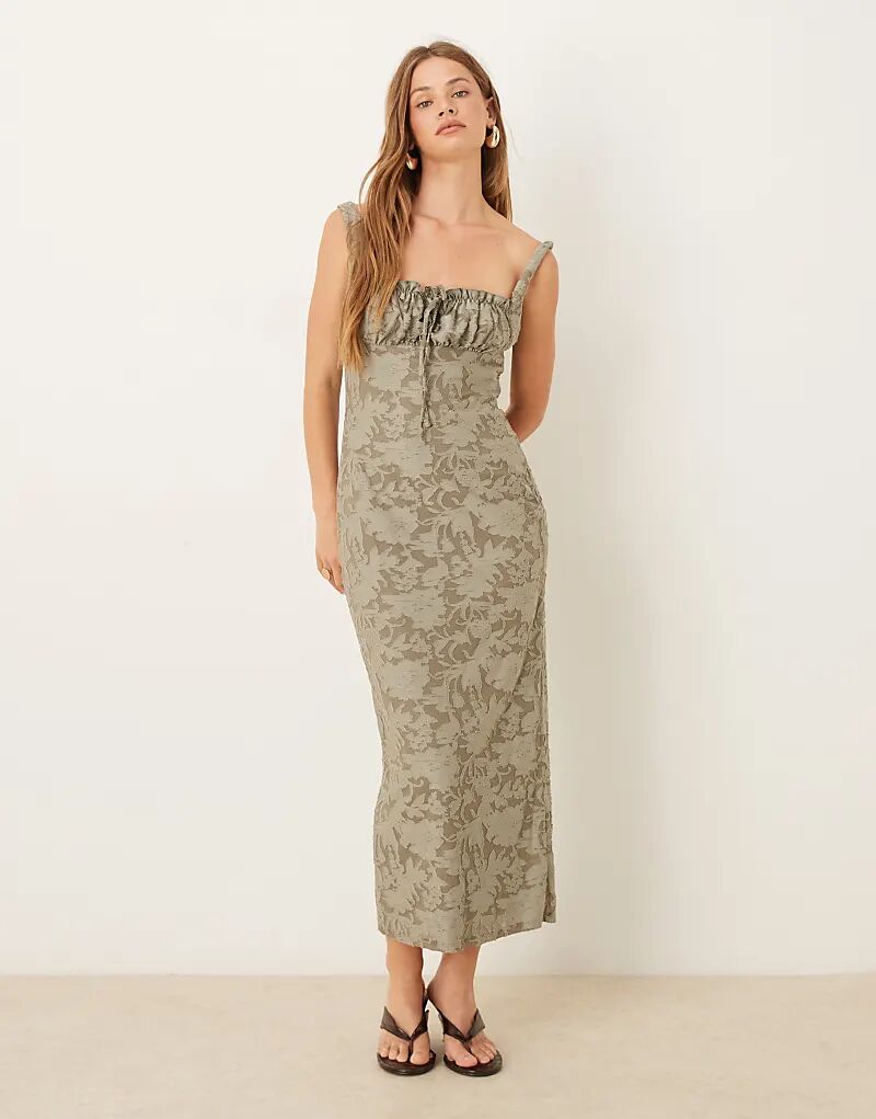 

Платье миди ASOS DESIGN с корсетом и сборками на груди цвета хаки, выжженное