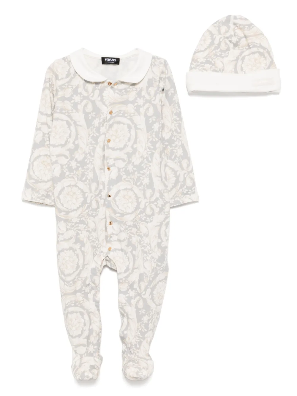 

Комплект из комбинезона, шапки и нагрудника с принтом Versace Kids, нейтральный