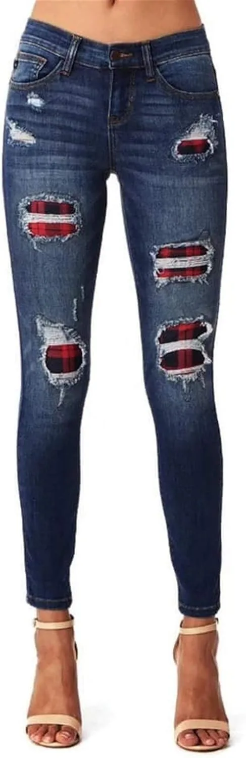 Andongnywell женские джинсы с дырками, distressed, slim fit, stretchy, с рваными отверстиями и клетчатыми заплатками — фото 2