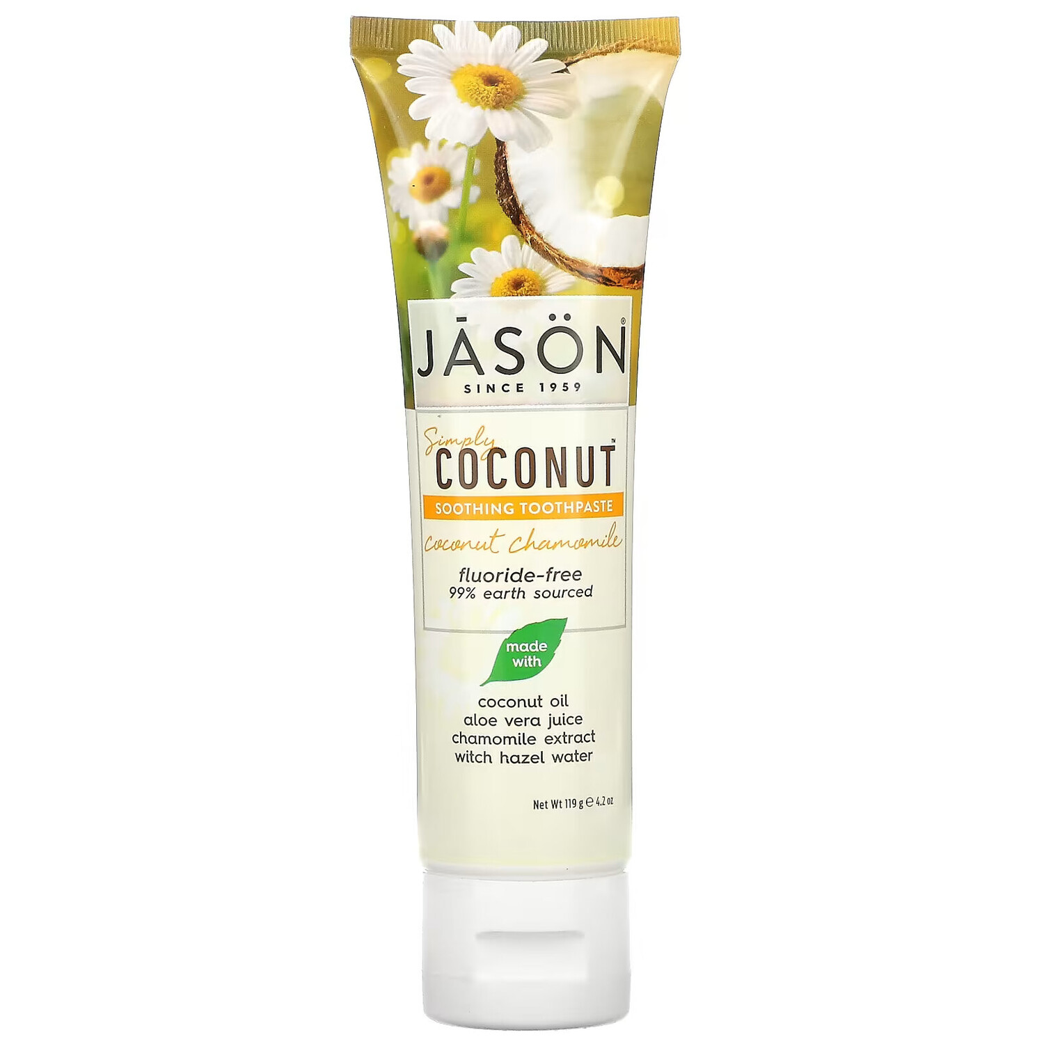 

Jason Natural, Simply Coconut, успокаивающая зубная паста, кокосовая ромашка, 119 г (4,2 унции)