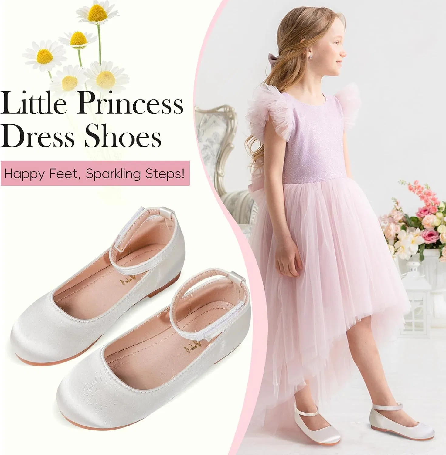Детские балетки для девочек с цветочным принтом Mary Jane Flats Orthoshoes, Satin Ivory — фото 2