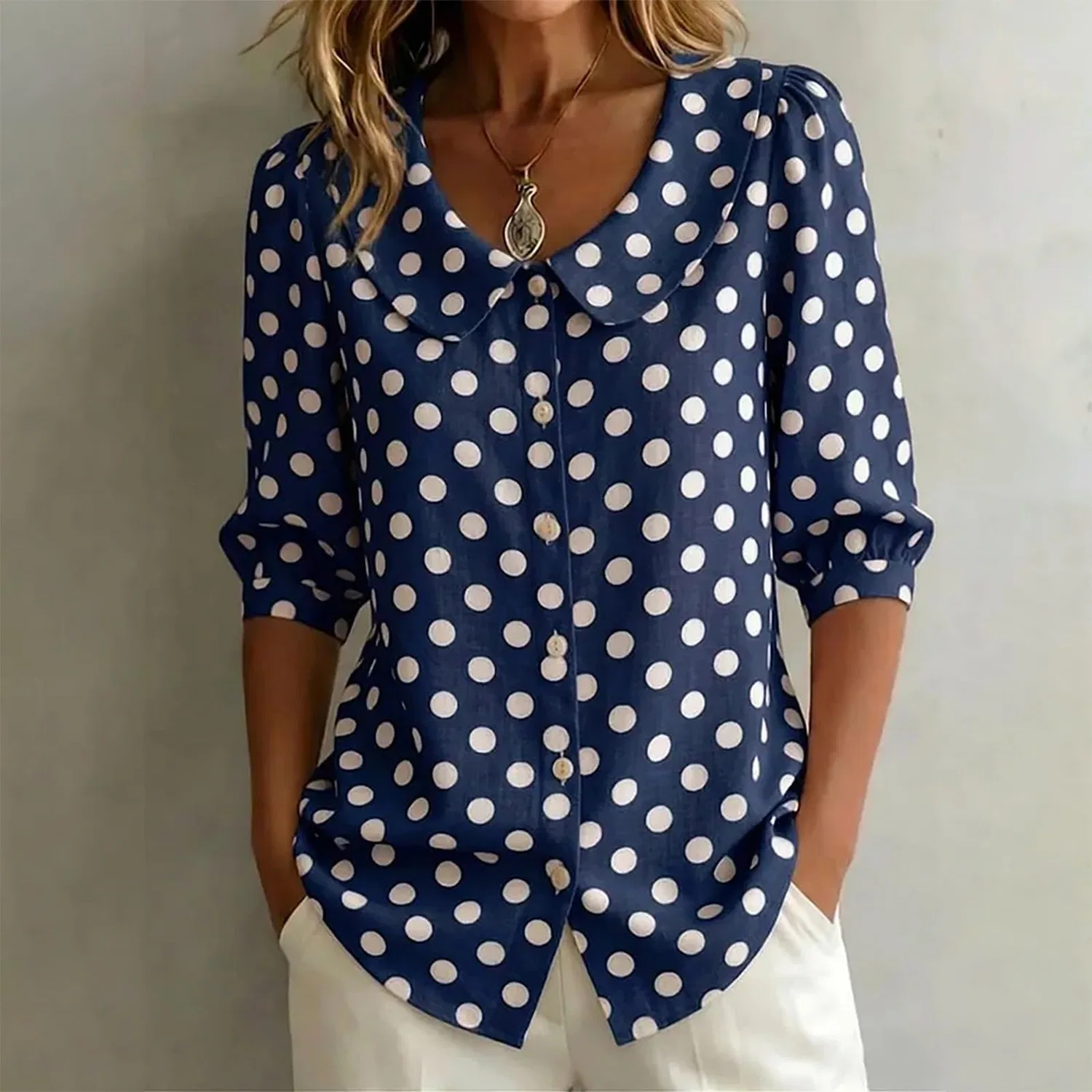 Женская блуза с коротким рукавом на пуговицах, Polka Dot - Blue — фото 2