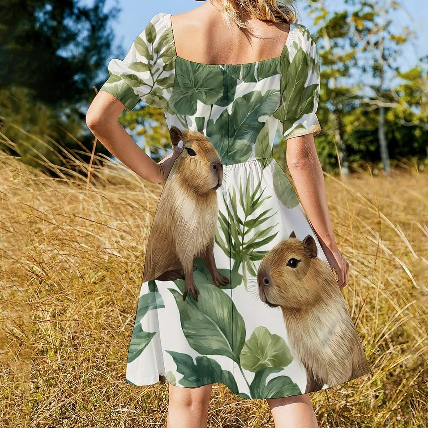 Женское летнее платье с пышными рукавами A-силуэта BCapybara Leaves — фото 3