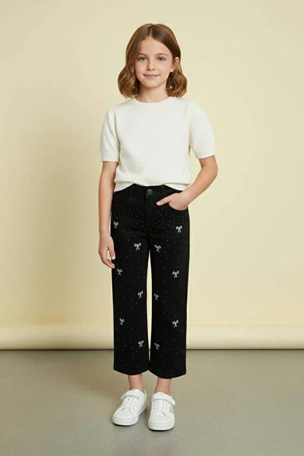 Детские брюки для девочек широкие с вышивкой Fulla Moda, Черный