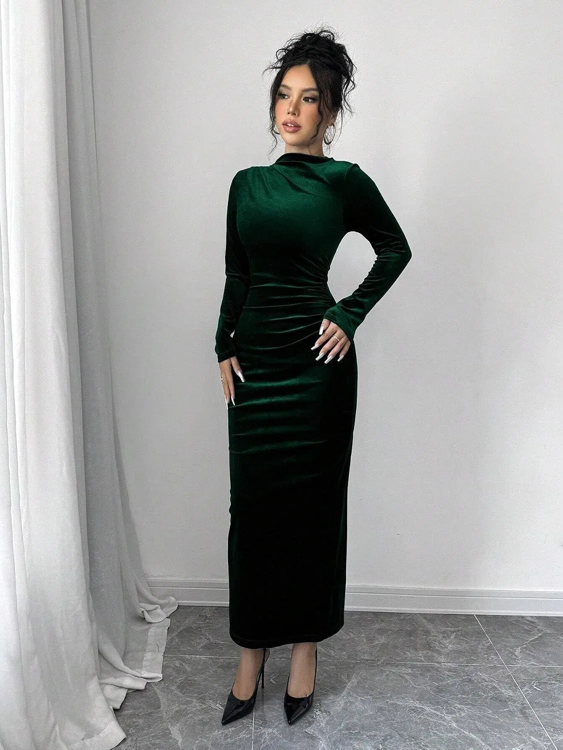 Женское платье-бодикон с воротником-стойкой, Dark Green — фото 4