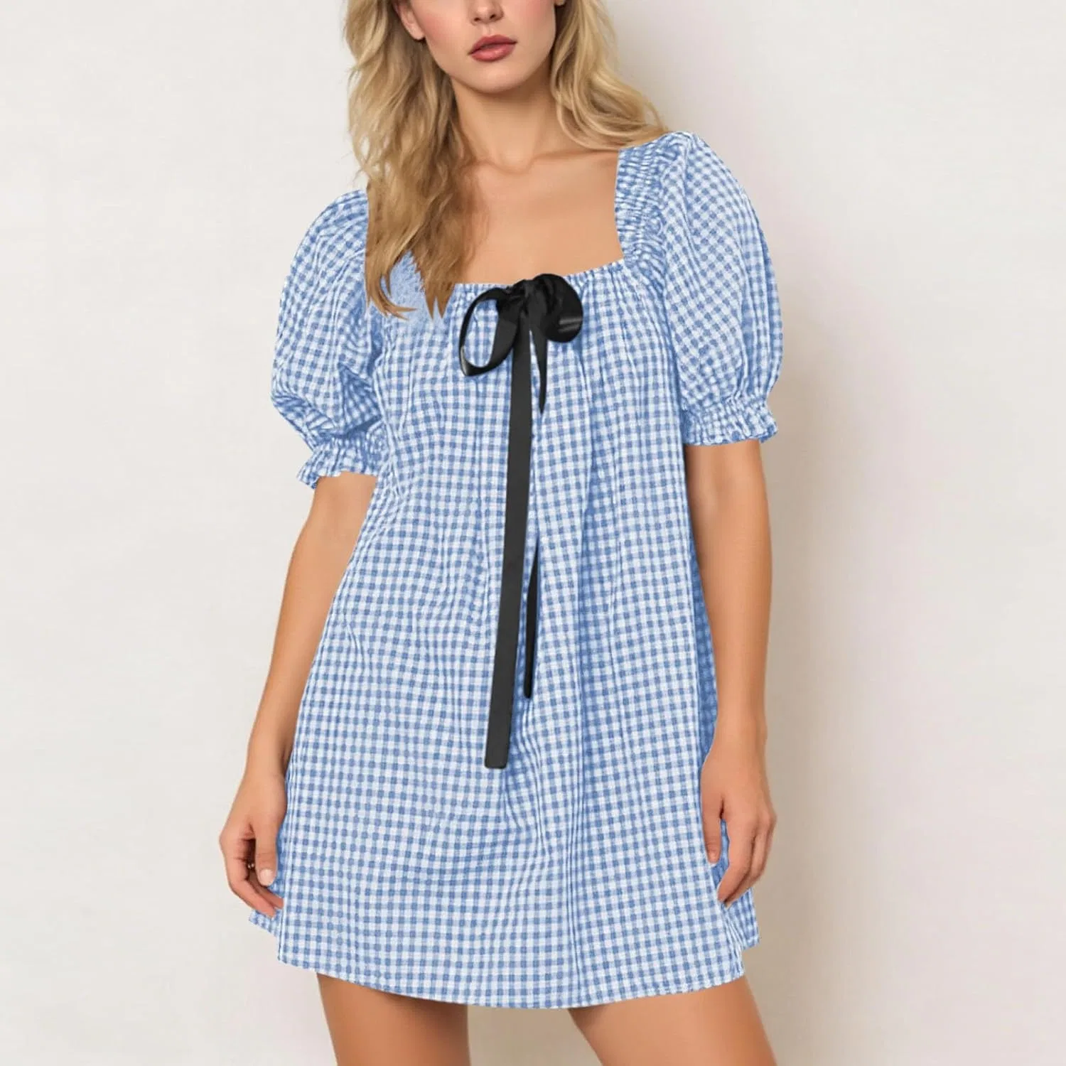 Женское платье мини с квадратным вырезом и пышными рукавами, Light Blue — фото 2