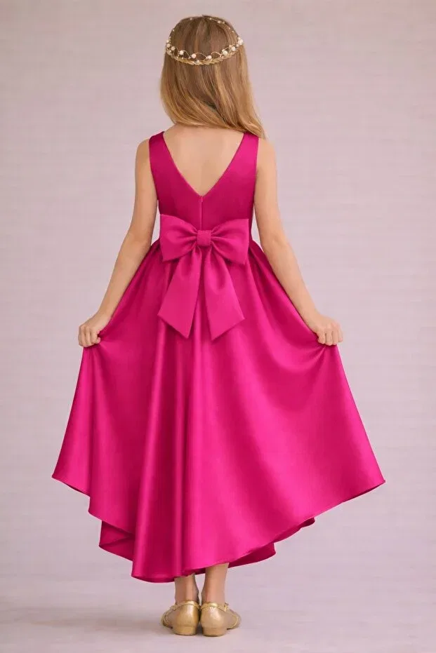 Детское платье для девочек сатиновое с бантом Nsmlife, Fuchsia Pink — фото 2