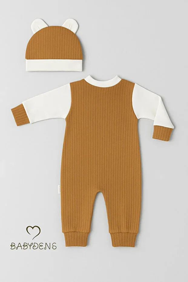 Детский комбинезон-ребристый с принтом Teddy bear themed newborn ribbed romper set with teddy bear baby romper hat set Babyden'S, Brown — фото 4