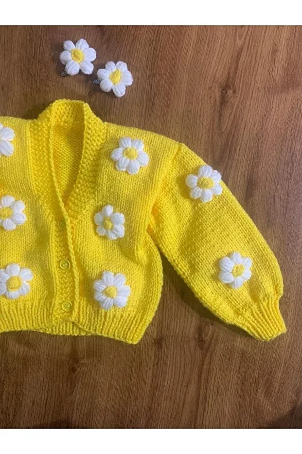 Детский кардиган для девочек с цветочным принтом El Örgüsü Cici Bebe, Lemon Color — фото 4