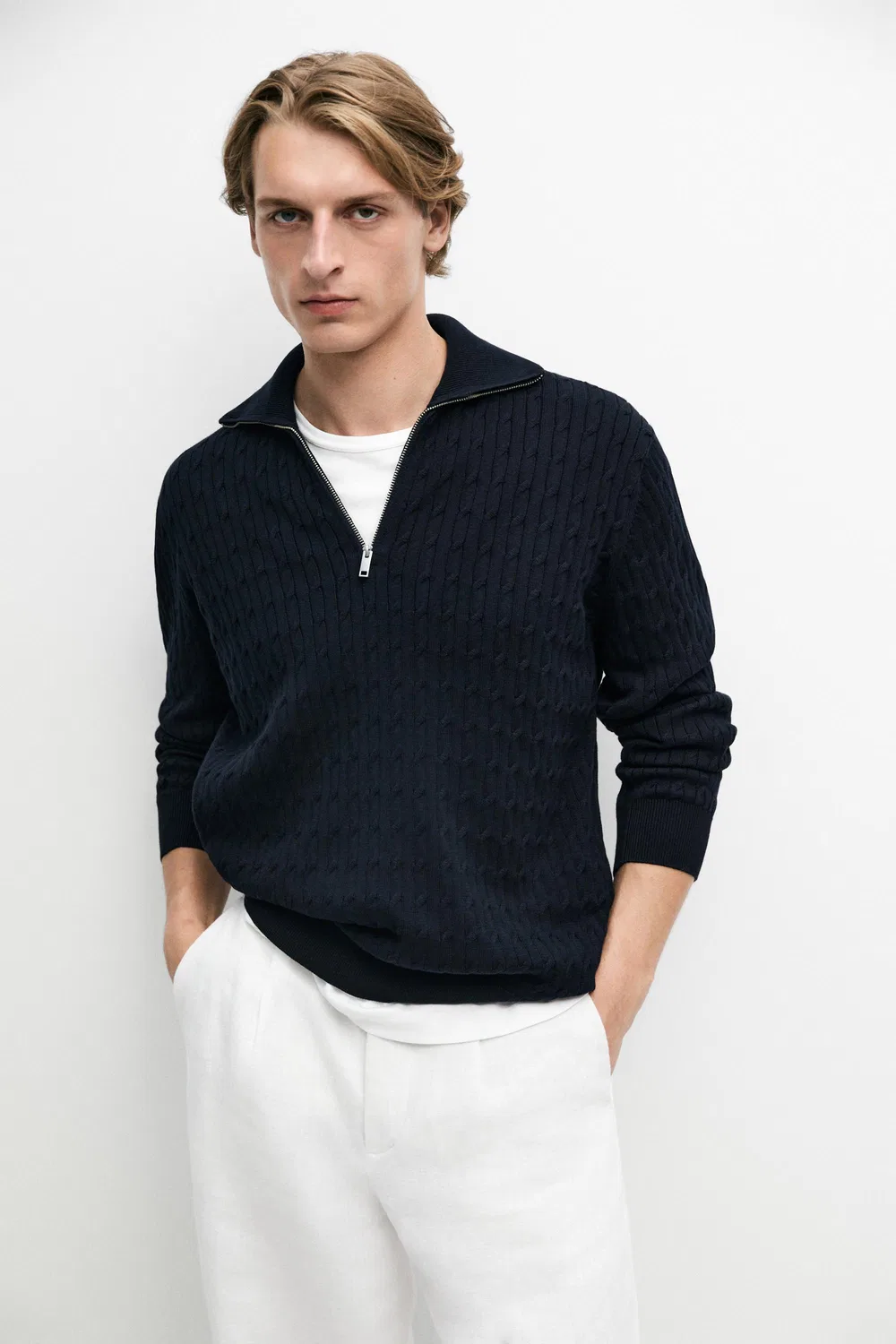 Свитер Massimo Dutti Mock Neck Knit Zip, темно-синий