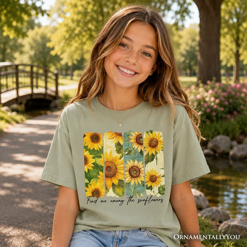Детская футболка для девочек с принтом Find Me Among the Sunflowers OrnamentallyYou, Sage — фото 2