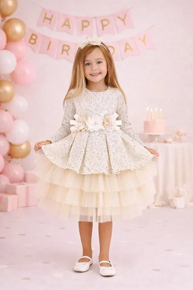 Детское платье из тюля и пайеток с длинным рукавом Süslü Pink Kids, Cream