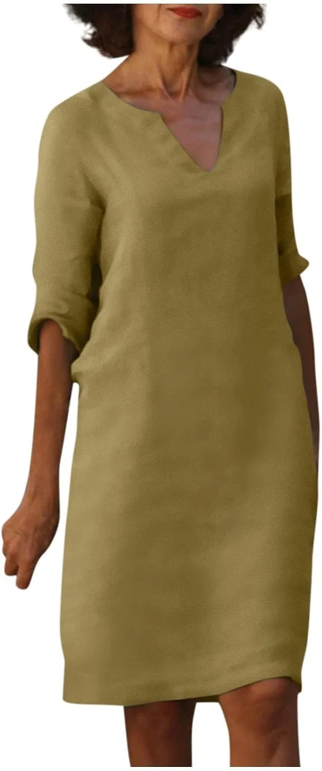 Женское платье из льна с V-образным вырезом, Khaki