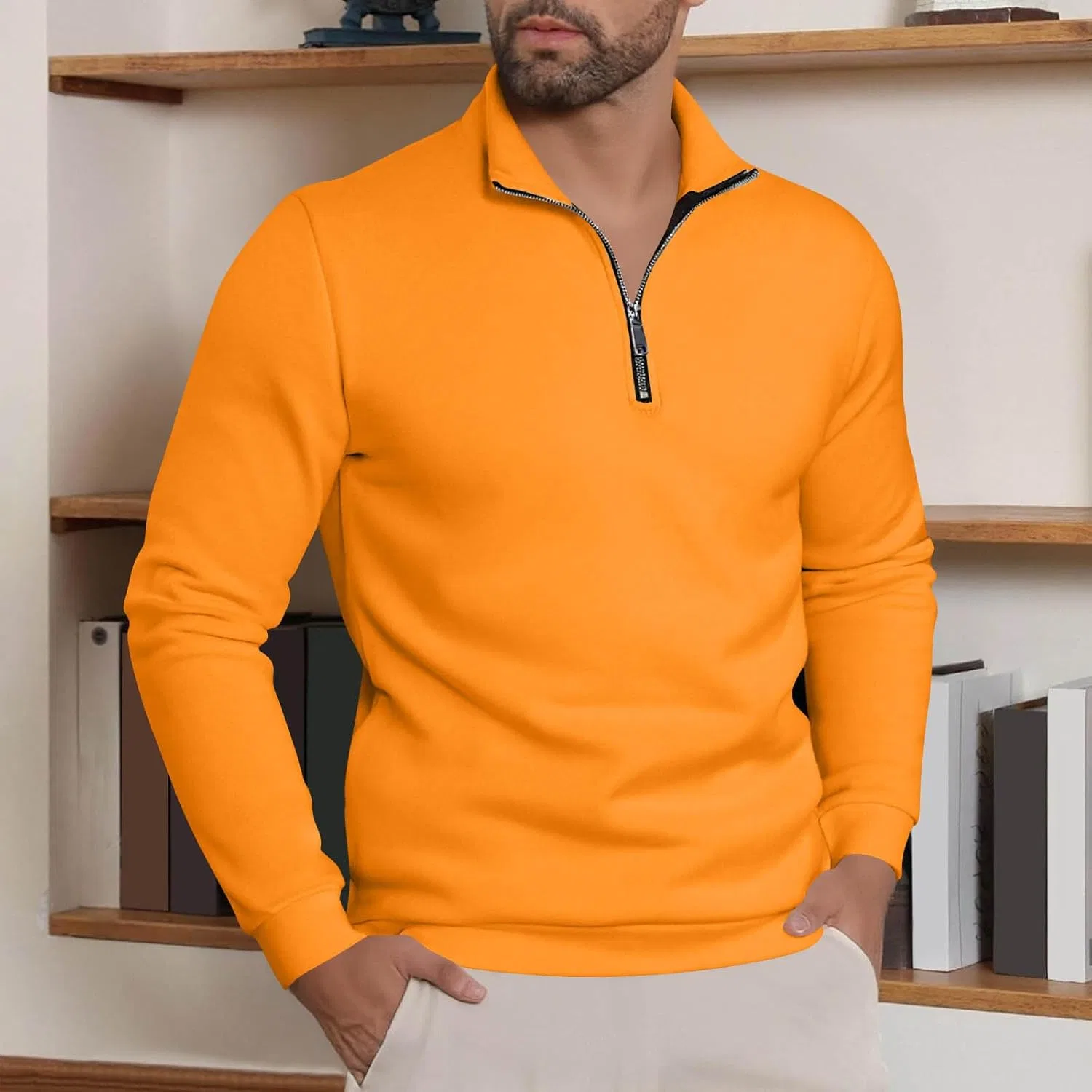 Мужская длинная футболка с воротником-стойкой Mens Clothes, Orange — фото 2