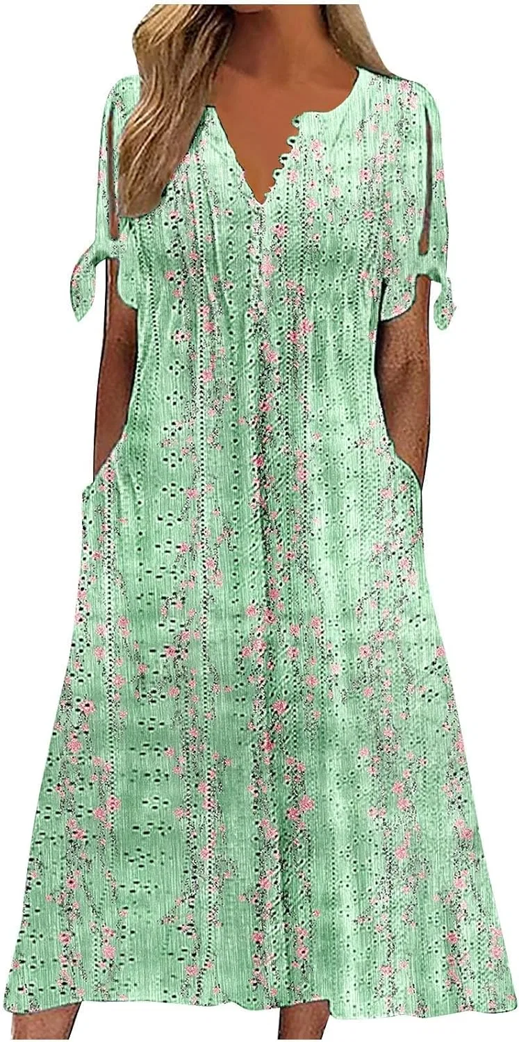 Женское летнее платье с вышивкой Eyelet Button V Neck Tie Knot Short Sleeve, Green