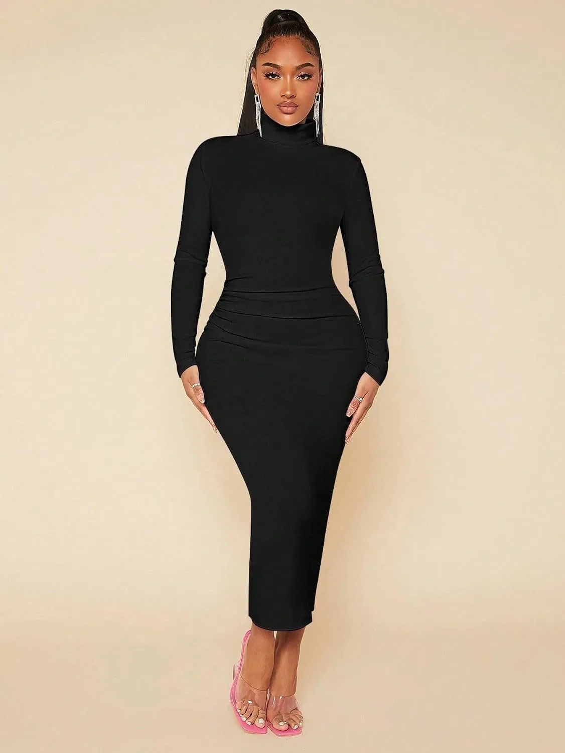 Женское облегающее платье с высоким воротом Bodycon, Black — фото 4