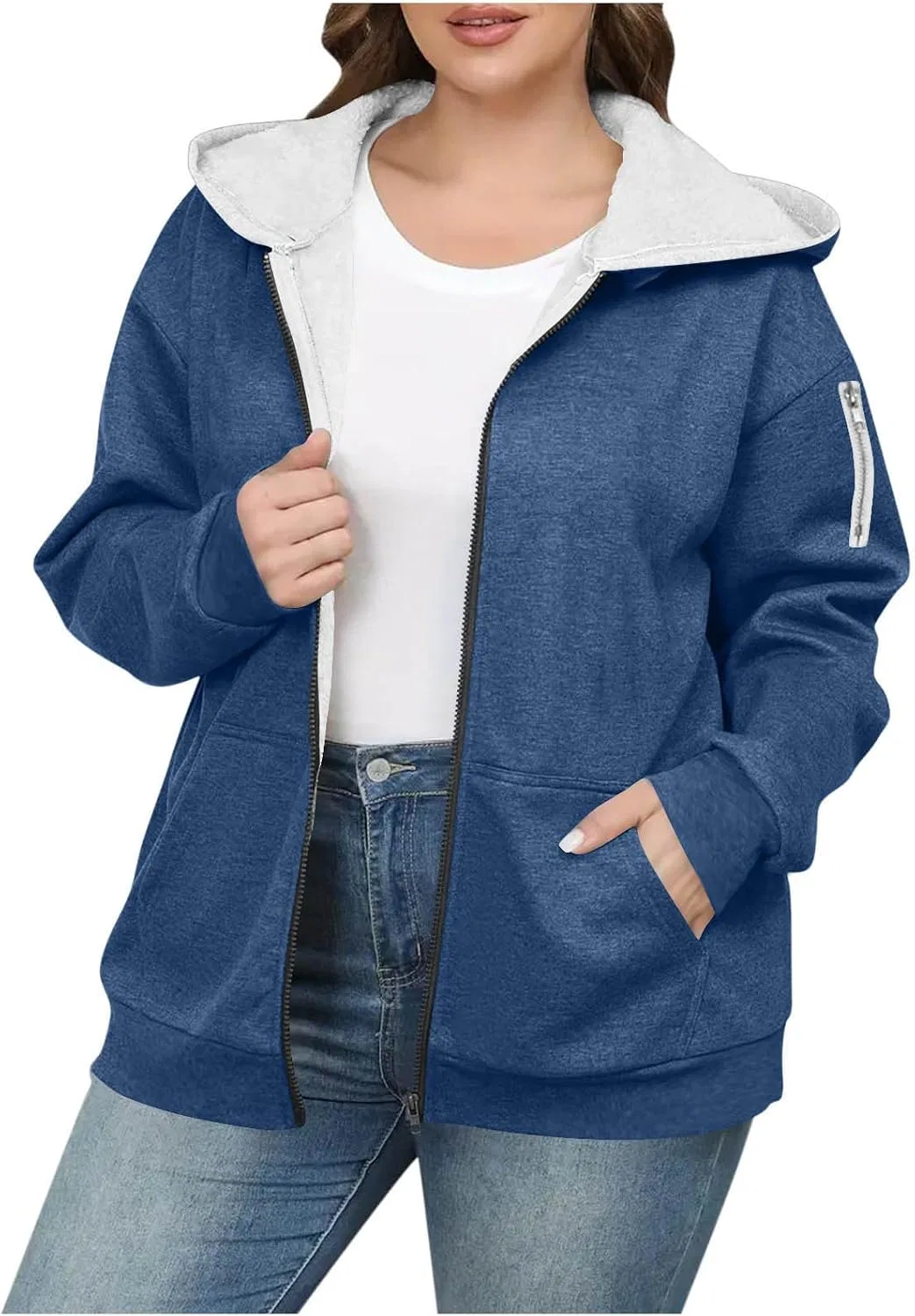 Женское худи на молнии с флисовой подкладкой, Oversized, тёмно-синий