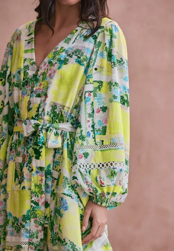 Платье-рубашка с принтом Tall fit long sleeve mini occasion dress Next, green pink floral, зеленый/розовый — фото 4
