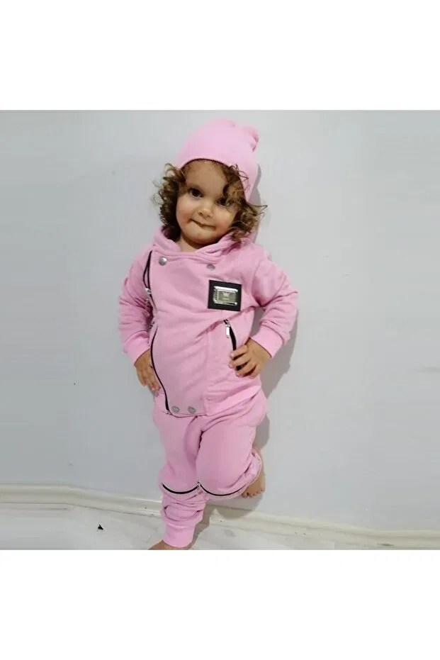 Детский спортивный костюм для девочек с принтом 3 piece girls' tracksuit with 3 embroidered logos Modavals, Pink