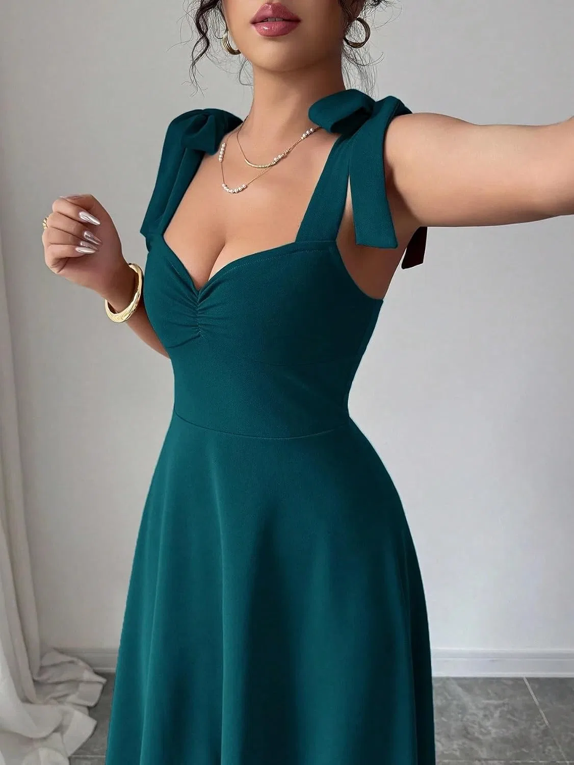 Женское элегантное cami платье с узлом на талии Knee Length A-Line, Teal Blue — фото 4