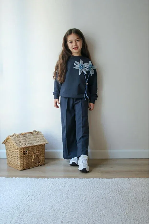 Детский комплект спортивного костюма для девочек из хлопка Jeliboomkidswear, Navy Blue — фото 3