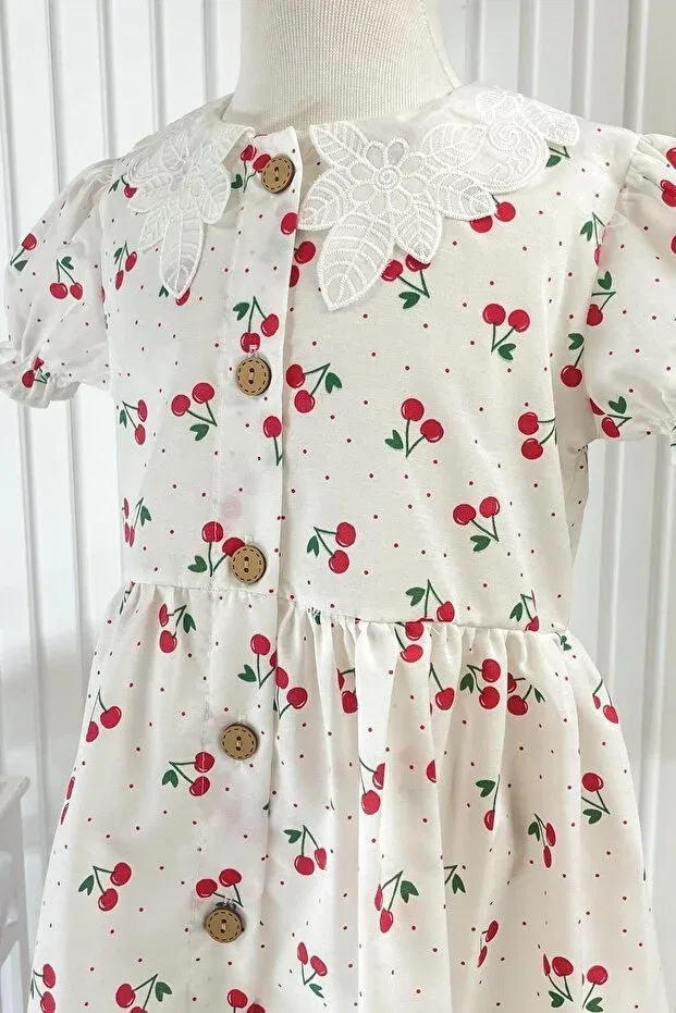 Детское платье для девочек с принтом White Cherry Girl's Dress Denimini, White — фото 4