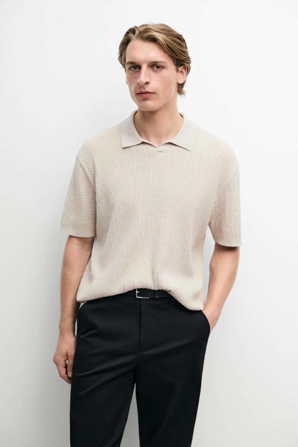 Поло-свитер Massimo Dutti, крупной вязки, бежевый — фото 2