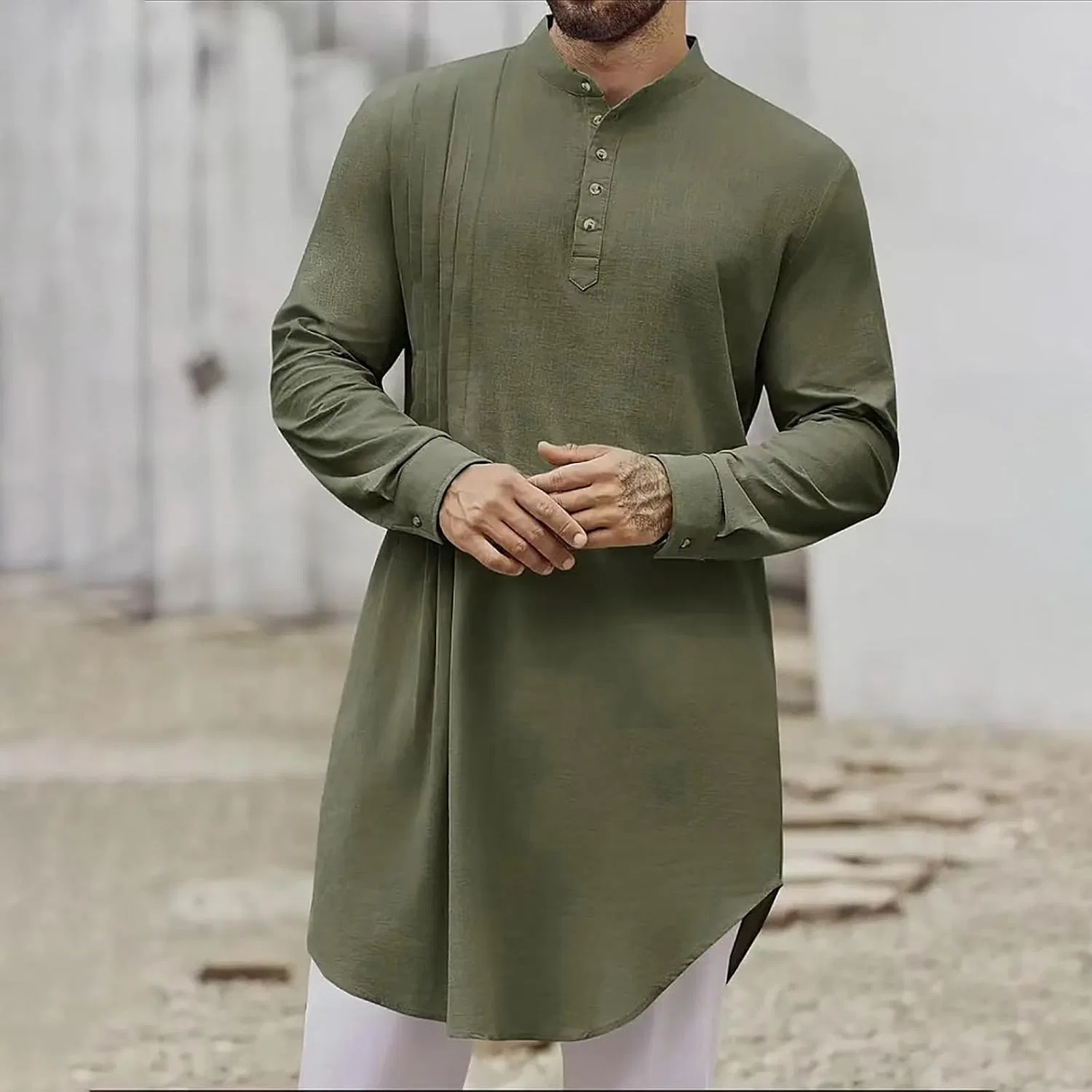Мужская рубашка-туника с длинным рукавом, Stand Collar Pleated, зелёный — фото 2