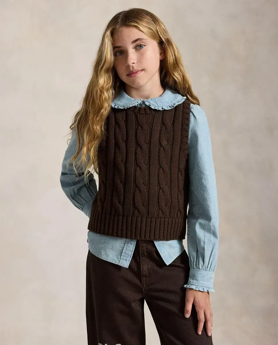 Детский вязаный жилет для девочек с широким арановым узором Polo Ralph Lauren, Marrón Oscuro — фото 2