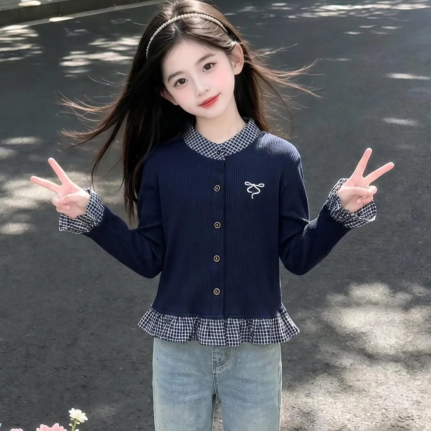 Детский костюм спортивный с воротником, модель Grade School Casual Sportswear, MADALLO, Gray+Jeans — фото 4