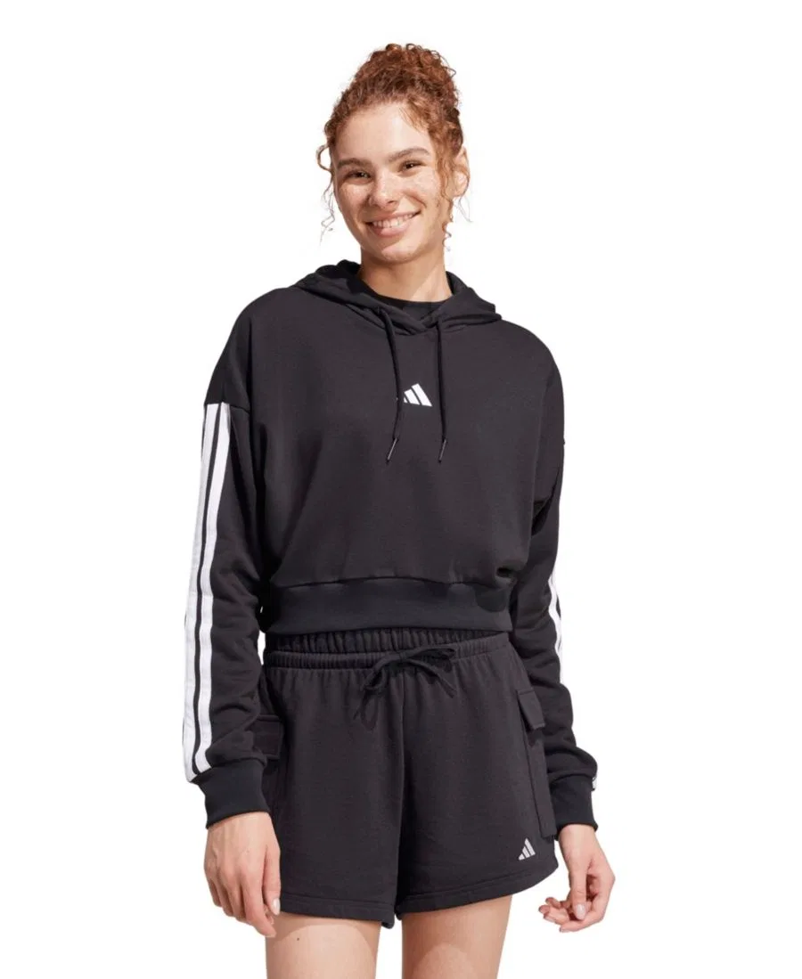 Женский укороченный худи из футера с фирменными полосками adidas, Black/White