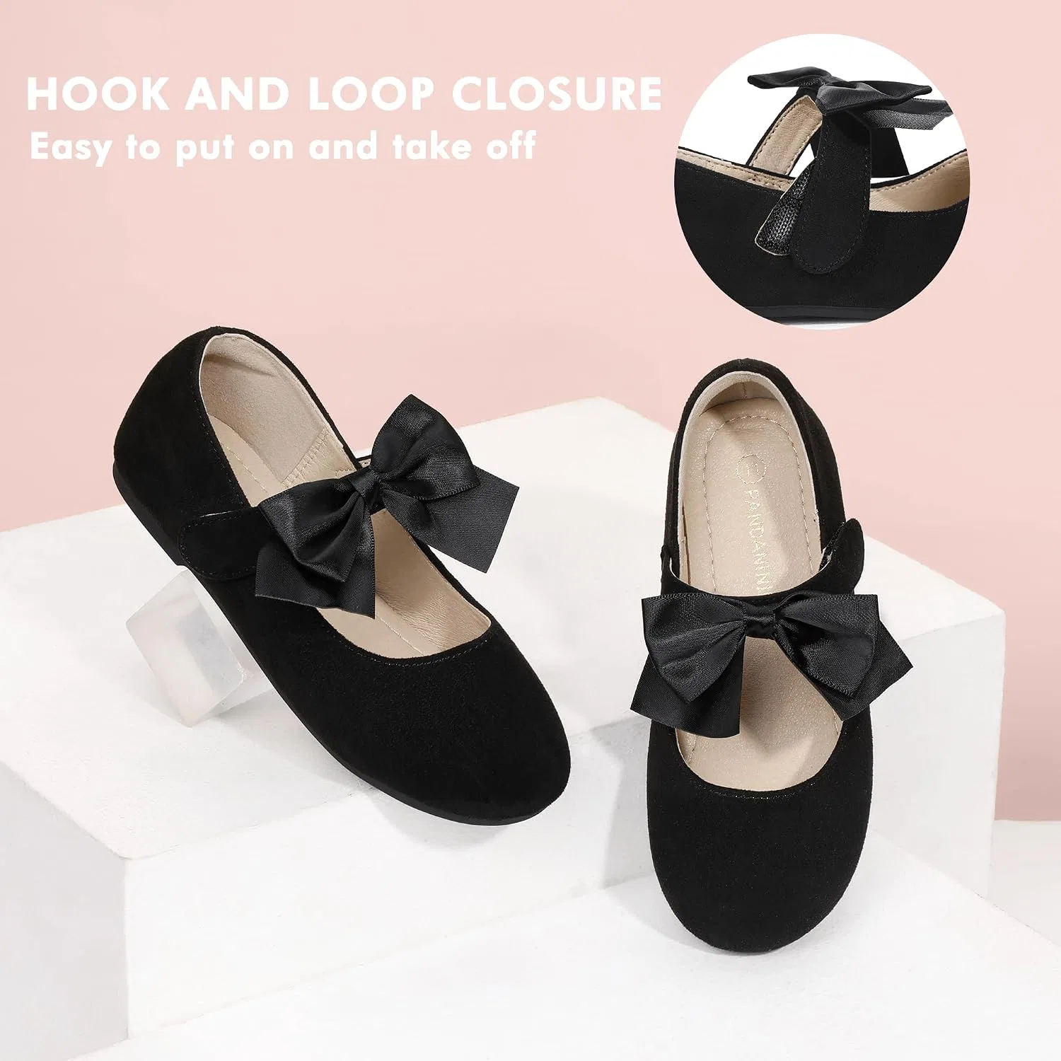 Детские балетки для девочек с бантом Mary Jane PANDANINJIA, Black Suede — фото 4