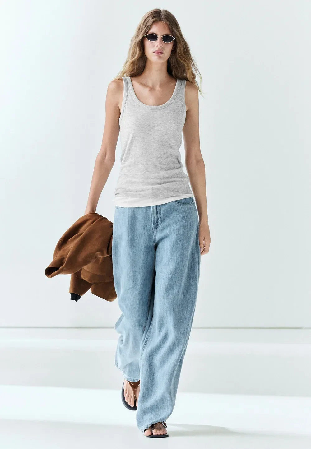 100% хлопковый ребристая двухслойная футболка - топ Massimo Dutti, Grey