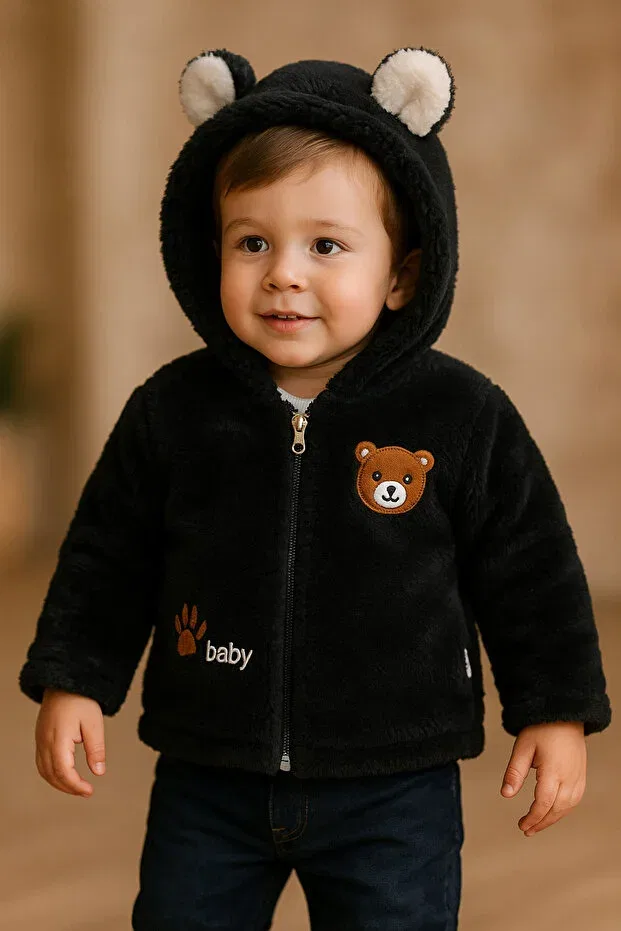 Детский кардиган из плюша с капюшоном Uğur Bebe, Black