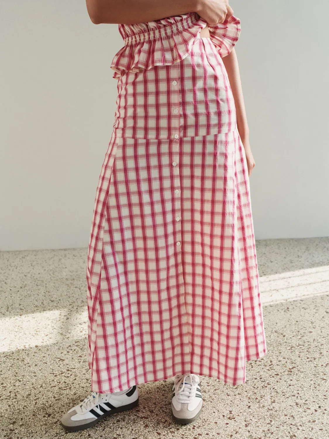 Юбка макси с принтом в клетку, модель Button Down Next, розовый/кремовый — фото 4