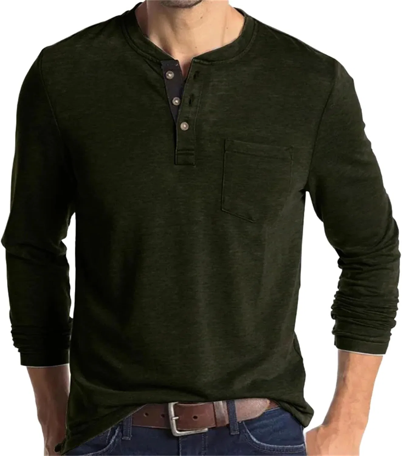 Мужская футболка с круглым вырезом длинный рукав Casual, Army Green