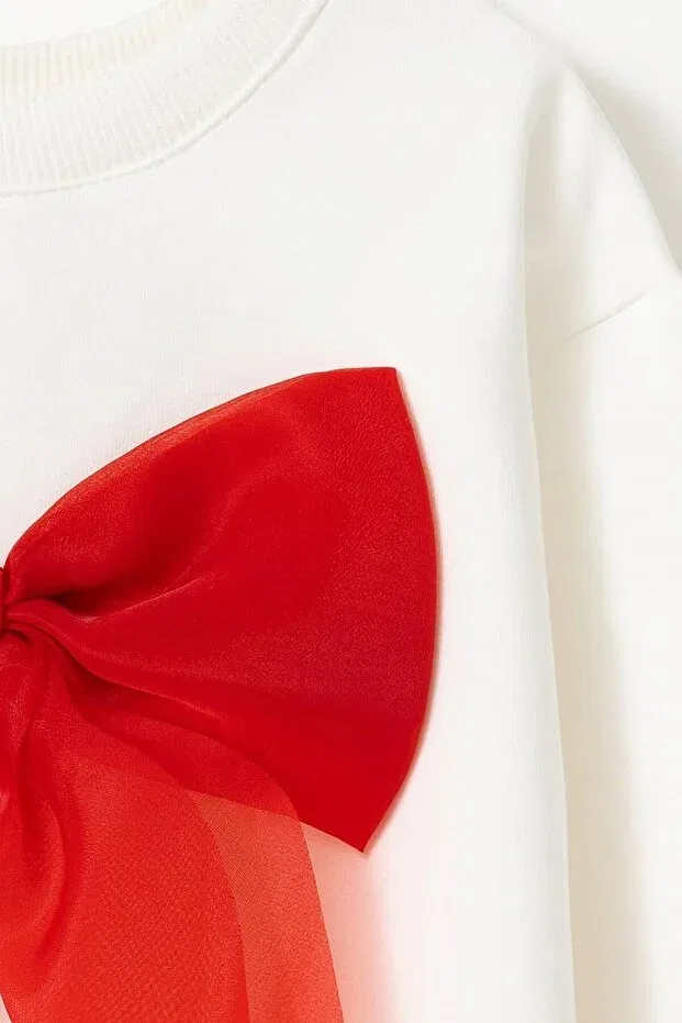 Детские свитшот для девочек хлопковый Anastasia organza bow crop sweatshirt Banamio, Ecru-Red — фото 2