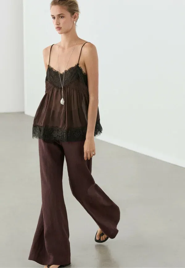 Брюки льняные Flare fit pants with striped details, Massimo Dutti, brown, коричневый — фото 4