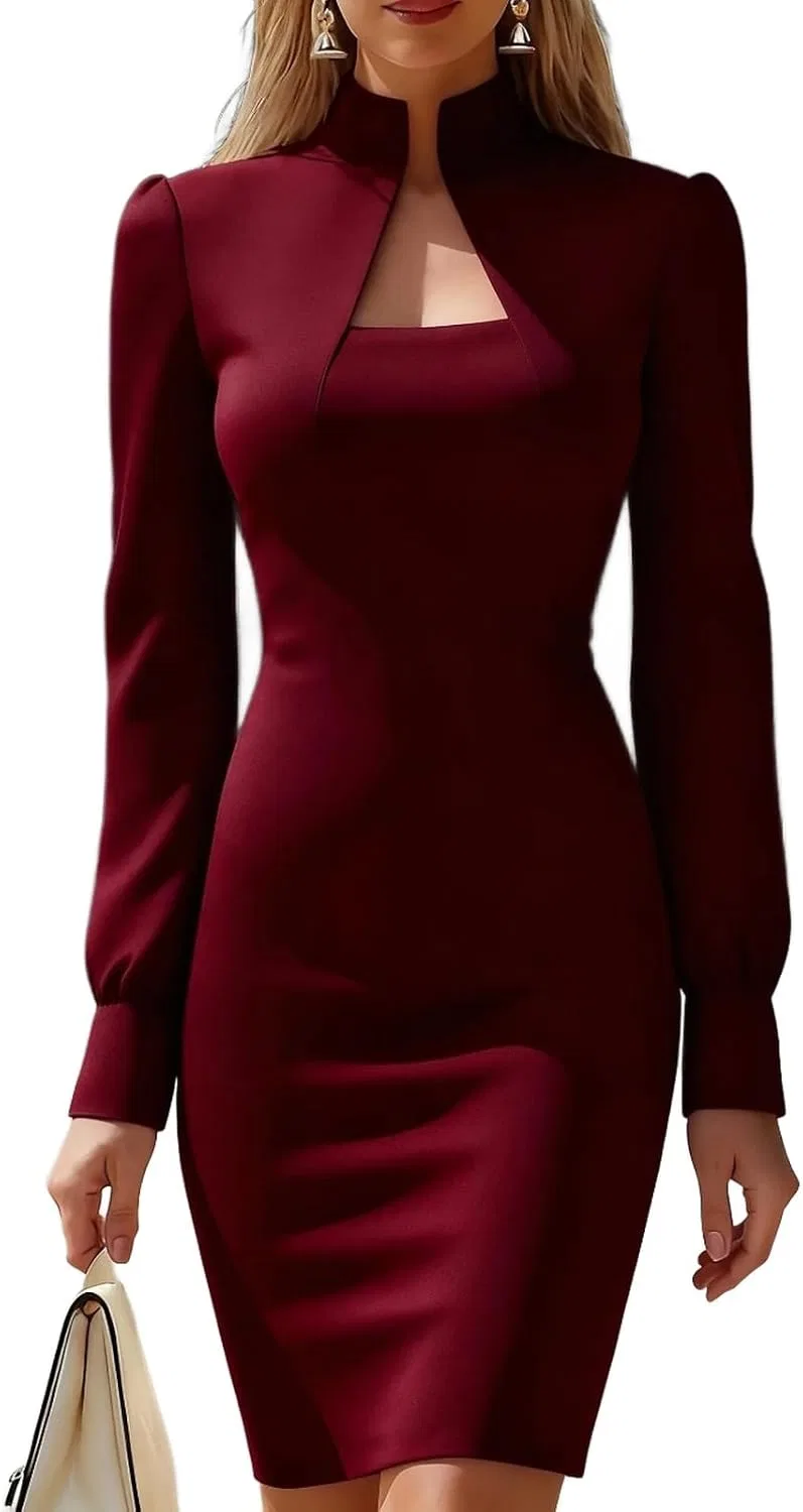 Женское платье-миди с запахом, с длинным рукавом, Elegant High-Low Neck Wrap