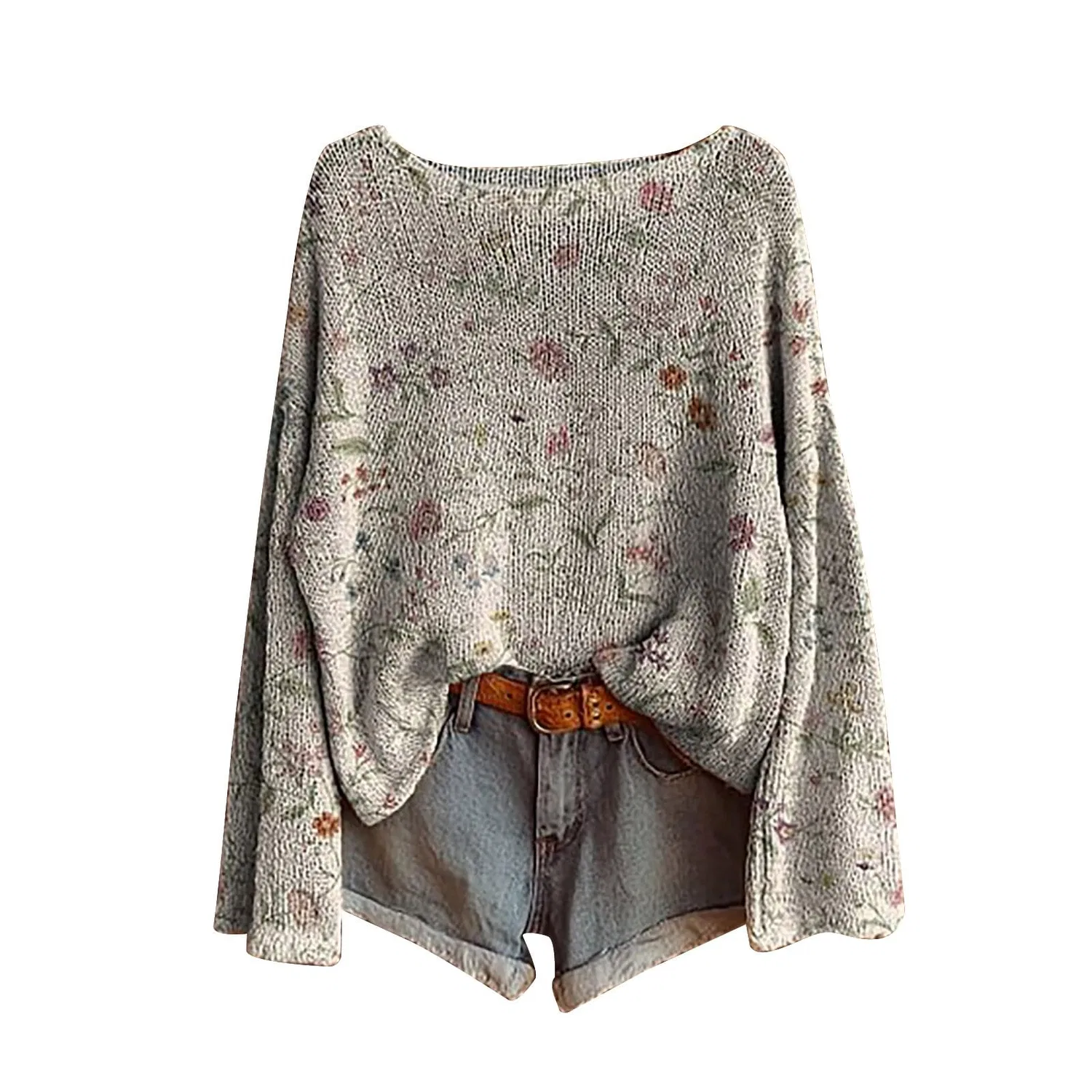 Женский свитер с цветочным принтом Vintage Floral Printed Bohemian Knitted Sweater, 4-grey