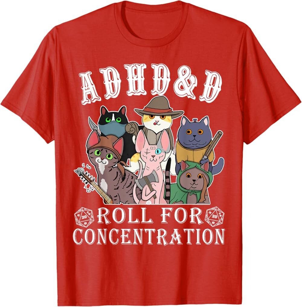 

Мужская футболка Funny Tees Gamer RPG Apparel Cats RPG Gamer Roll For Concentration D20 Dice Nerdy, красный