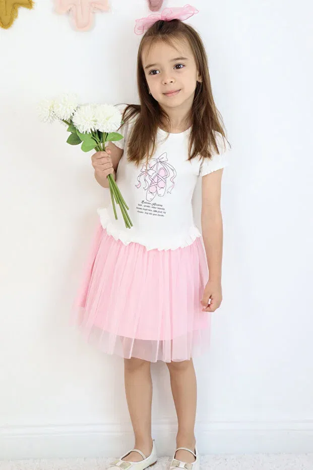 Детское платье для девочек с принтом Ballerina Shoes Printed Waist Part Ruffle Detailed Elastic Sleeves Breeze, Ecru — фото 2